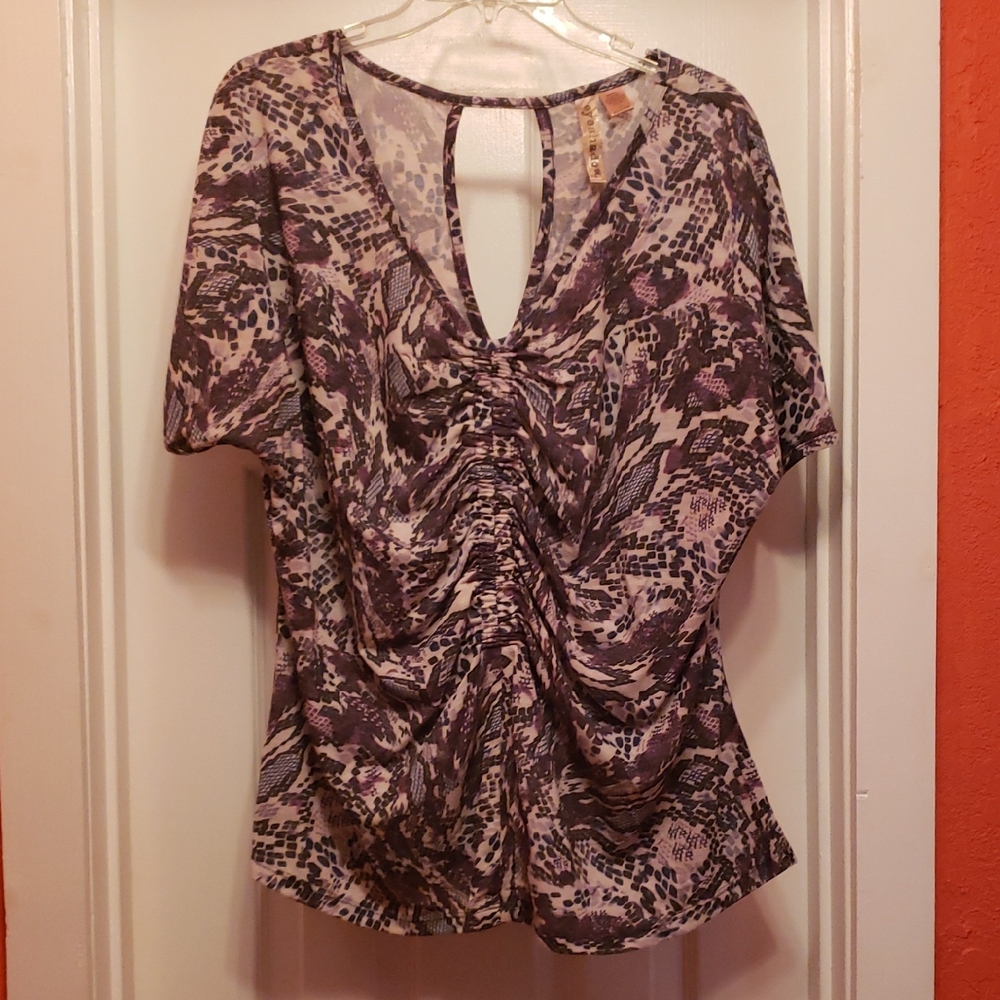 Eyeshadow Purple and White Ruched Cut Out Blouse